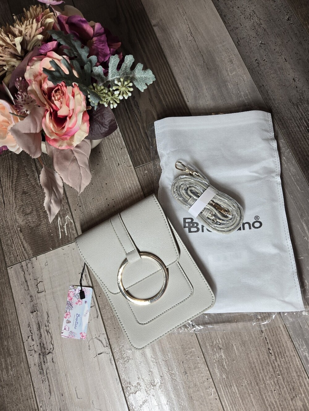 NWT Brentano Cream Crossbody Bag with Gold Ring Accent | Vegan Leather Flap-Over